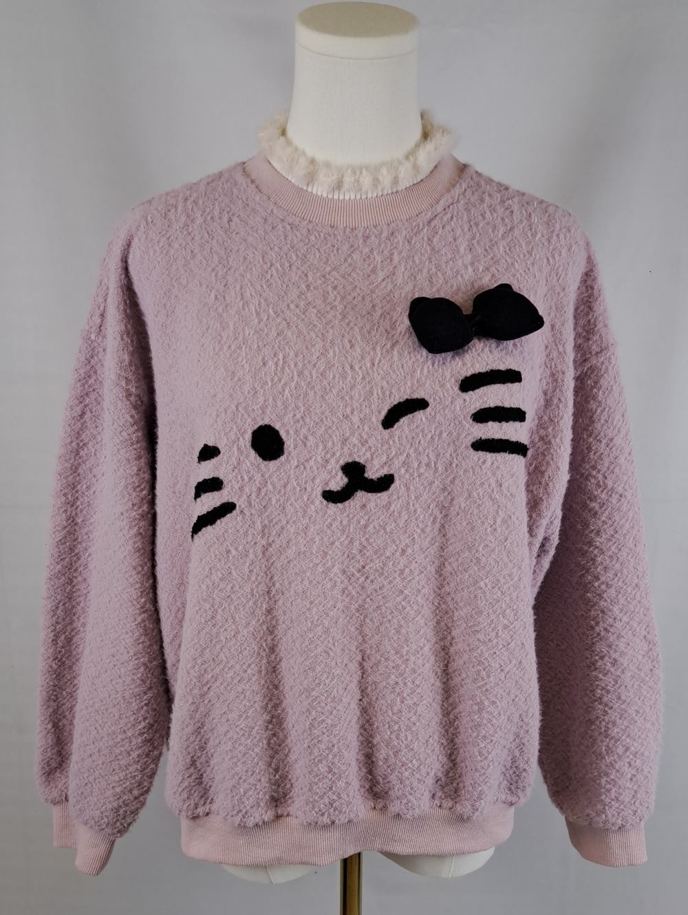Lilac Purple Kitten Cat Wink Face Ruffle Neck Sweater Black Bow Accent Kawaii L